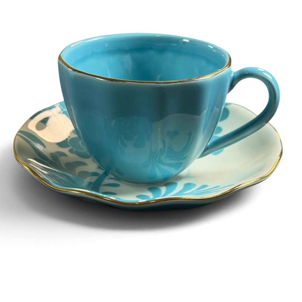Kate Spade Lenox Gwinnett Lane Turquoise Tea Cup and Saucer Set Gold Rim Fluted